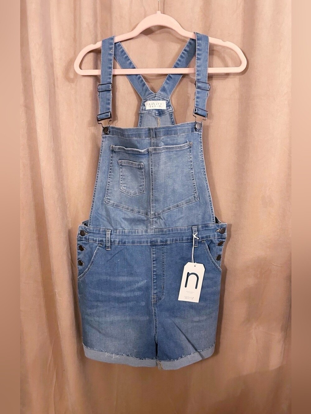 PINK LILY NATURE DENIM OVERALL SHORTS
